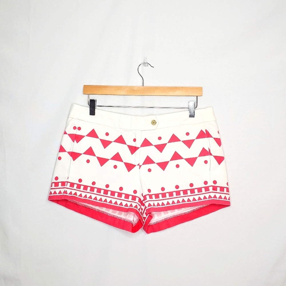 J. Crew White High-Waist Shorts with Coral-Red Geometric Trim